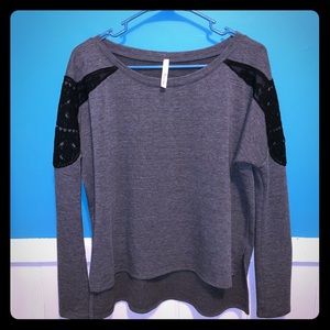 Gray Sweater with Black Lace Shoulder Detail